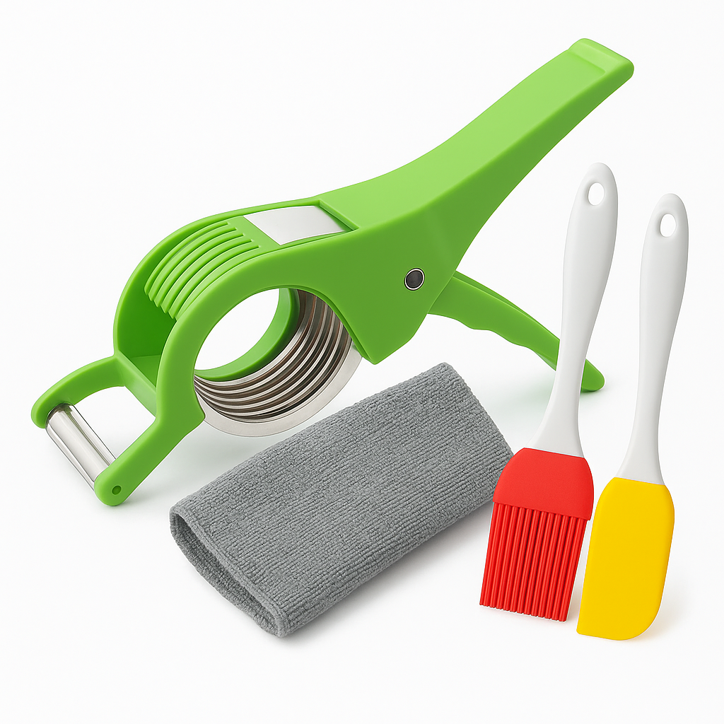 3-in-1 Kitchen Essentials Set β Vegetable Cutter & Peeler, Silicone Oiling Brushes, Multipurpose Cleaning Cloth