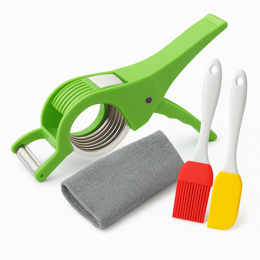 3-in-1 Kitchen Essentials Set – Vegetable Cutter & Peeler, Silicone Oiling Brushes, Multipurpose Cleaning Cloth